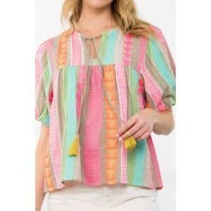 THML Embroidered Boho Peasant Top Tassel Neck Multicolor Small
